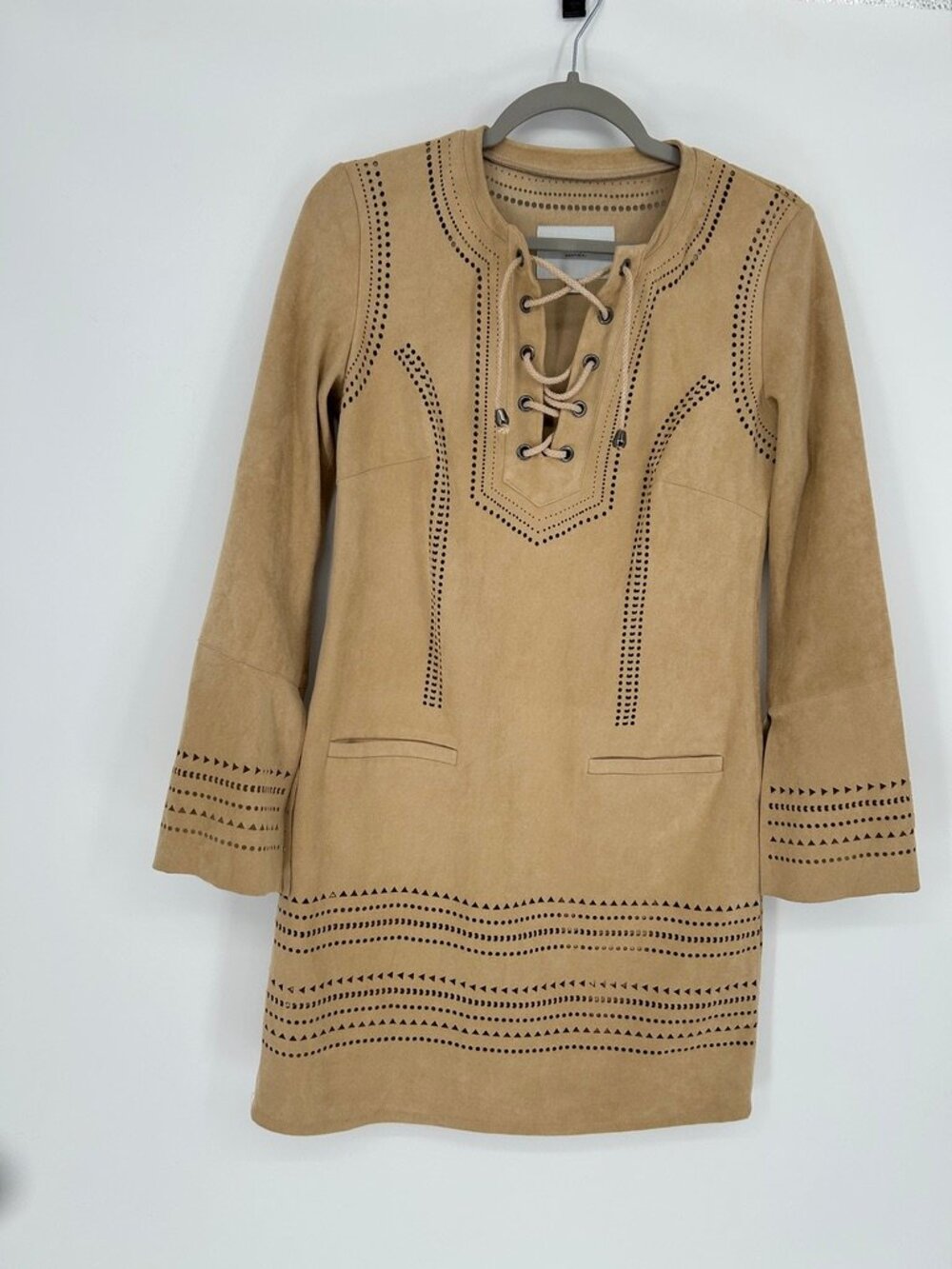 Katherine Barclay Faux Suede Lace-Up Tunic Dress Camel Boho Western XS Cowgirl